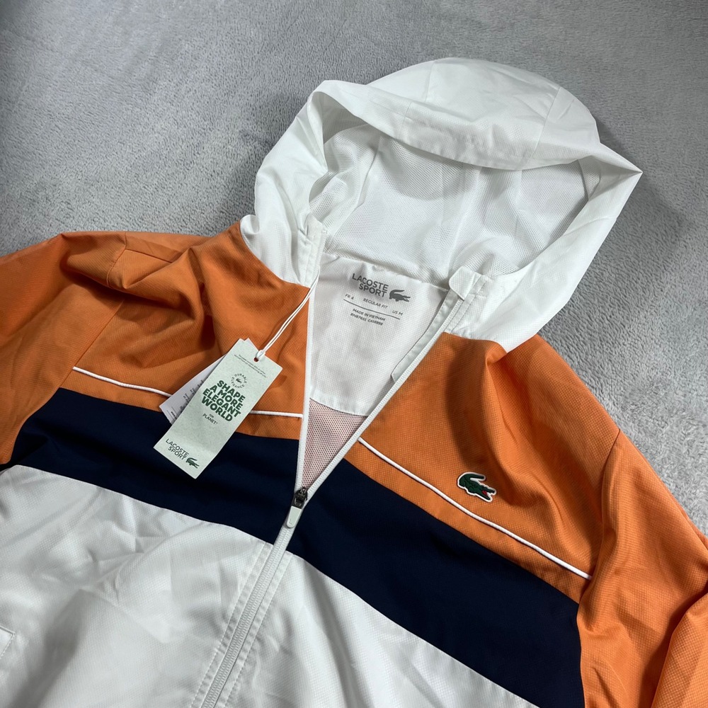 Lacoste Sport Mens Colorblock Hooded Windbreaker Jacket WH2661 Orange White M